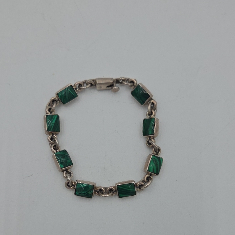 Vintage Taxco malachite sterling silver link bracelet